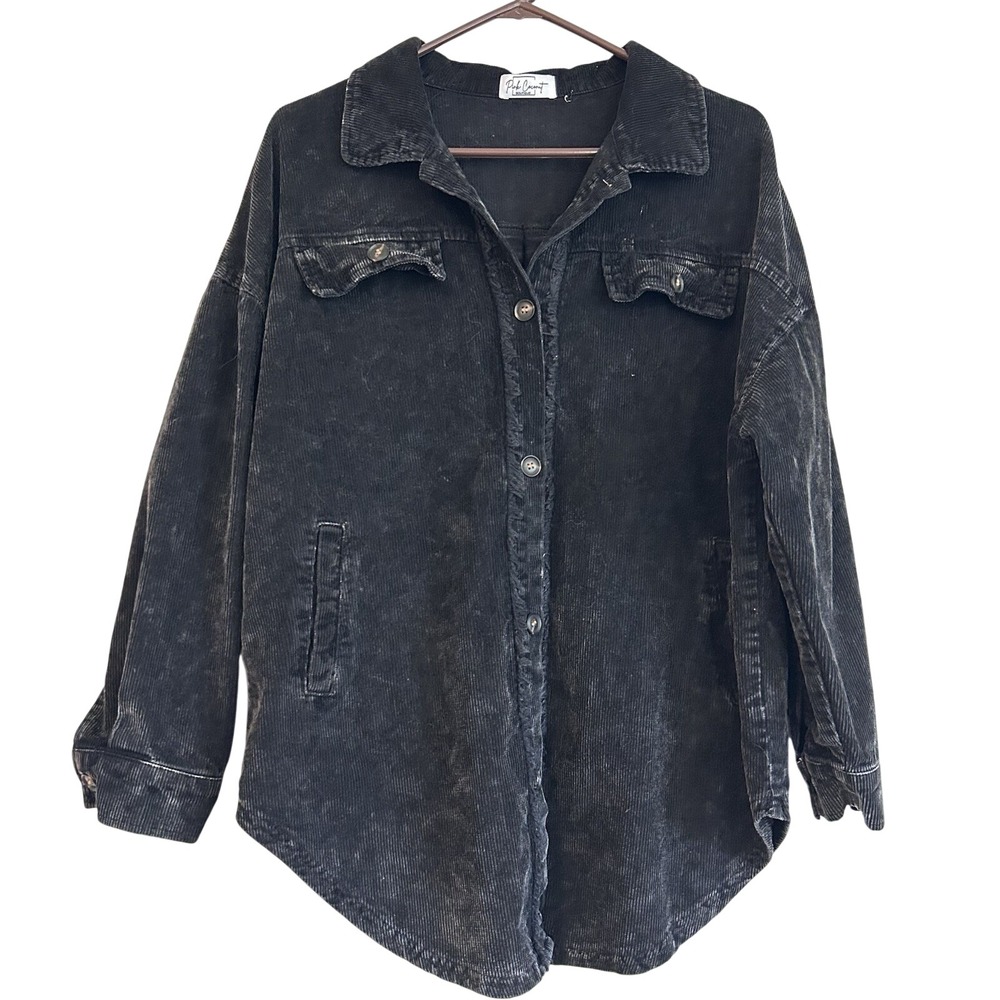 Black Corduroy Tunic Sz M Pockets Fringe Long Sleeve Dark Button Up Grunge